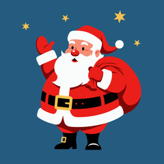 Santa Claus Waving at Night with a Sack of Gifts and Stars.