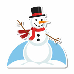 Cute Snowman Sticker on a Snowdrift with a Top Hat.