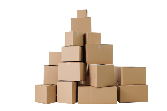 Stacked cardboard boxes form a pyramid