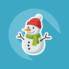 Snowman Sticker with Long Shadow, Modern Flat Design Icon.