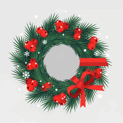 Decorative Christmas Wreath with Red Ribbon on a Snowy Background.
