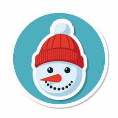 Cute Snowman Face Badge with Red Beanie Hat, Christmas Sticker Icon.