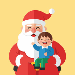 Friendly Santa Claus Waving with a Cheerful Child on His Lap.
