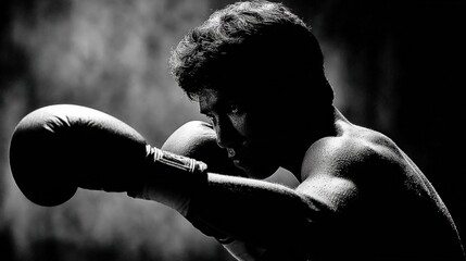 A focused boxer in a dramatic black and white setting, preparing for a match with intense concentration