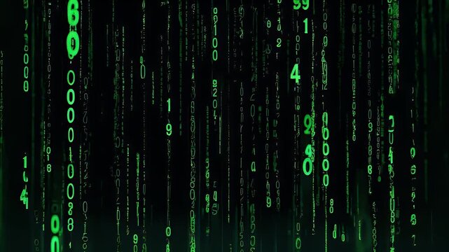 Green digital rain of characters falling from top on dark background, sci-fi