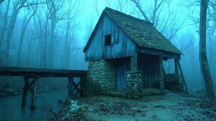 A foggy scene featuring an old wooden cabin by a stream, surrounded by bare trees
