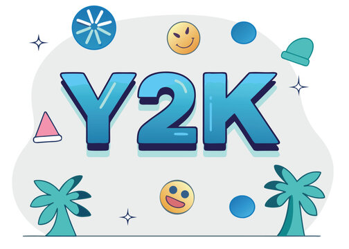 Y2 K themed festive stickers with vibrant text and playful icons vector