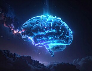Luminous Blue Brain Silhouette with Sparkling Particles on a Starry Sky Over Mountainscape Digital Artwork