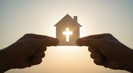Hands Holding Paper House With Cross Symbol Illuminated By Golden Sunset Light