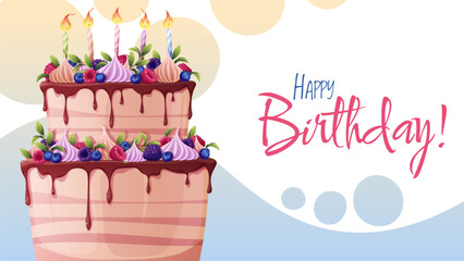 Festive Birthday Banner with Chocolate Cake Decorated with Raspberries, Blueberries, Blackberries, Meringue and Candles. Perfect for Party Posters, Cards,Bakery Advertising, Cafe Menus and Invitations