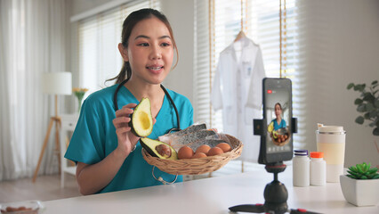 Asia woman people anti aging expert modern health care vlogger live advice talk selfie video mobile...