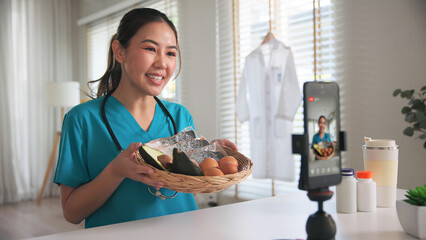 Asia woman people anti aging expert modern health care vlogger live advice talk selfie video mobile...