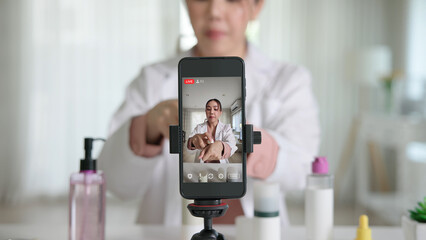 Asia woman people anti aging expert modern health vlogger live advice talk selfie video mobile...