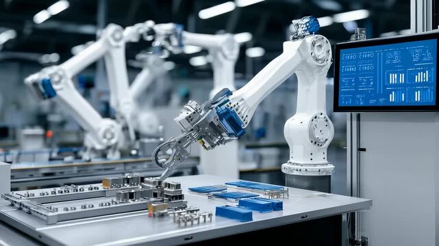 Advanced Robotic Arm Assembling Precision Components in High-Tech Manufacturing Environment
