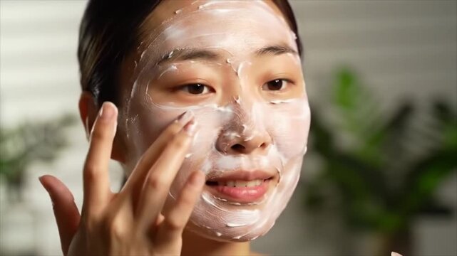 Joyful young Asian woman applying nourishing facial cream for a healthy and radiant complexion, embracing a soothing self-care moment within her daily skincare routine