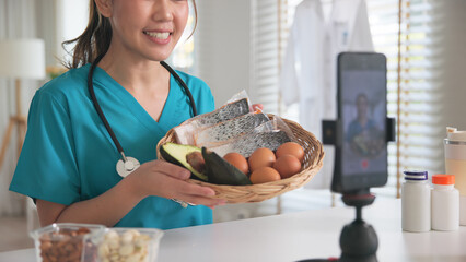 Asia woman people anti aging expert modern health care vlogger live advice talk selfie video mobile...