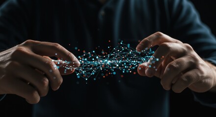 Man Holding Glowing Network of Blue and Red Particles Connecting Abstract Data Points