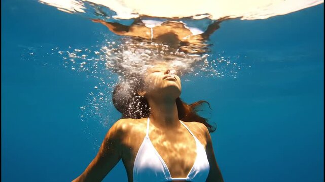 A woman in a white bikini exhales bubbles while submerged in clear blue water, her reflection visible on the surface.