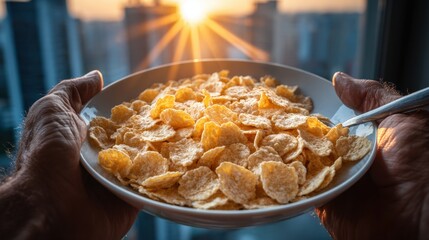 A person holding a bowl of cereal at sunrise with a city skyline in the background