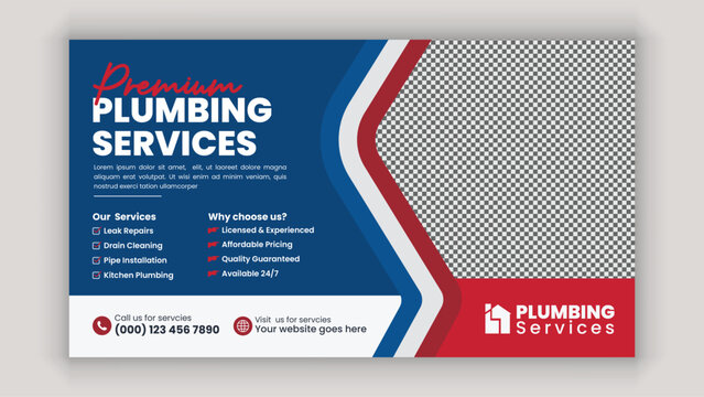 Plumbing Handyman Services Social Media Horizontal Banner Design Template for Pipe Repair, Faucet Installation, Toilet Fixing, Drain Cleaning, and Home Maintenance Services