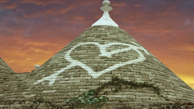 A heart painted on a Trulli house roof. .Trullo of Alberobello. A trullo is a traditional Apulian dry stone hut with a conical roof. Puglia, Italy