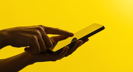 Hand touching phone screen against yellow background