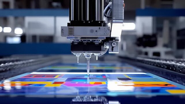 High-Precision Inkjet Printer Positioning Colorful Designs on Glossy Surface in Modern Factory
