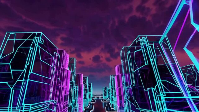 Flying through a futuristic synthwave city with glowing purple and cyan neon wireframe skyscrapers against a dark, cloudy sky.