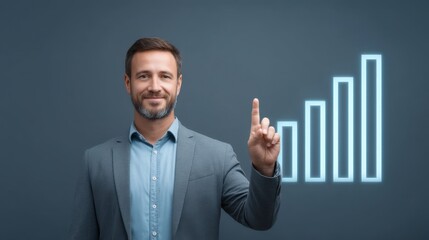 Confident Businessman Pointing at Growing Graph Illustration in Modern Office Setting for Financial Success and Growth Representation