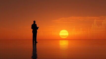 Business professional observing financial charts while standing by a calm ocean at sunset, symbolizing growth, opportunity, and new beginnings