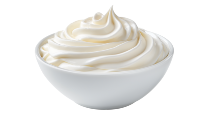 Smooth white crème Chantilly served elegantly in a white bowl, isolated on a white or transparent PNG background, symbolizing sweetness and delicacy.