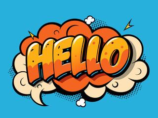 Comic lettering < HELLO > Vector bright cartoon illustration in retro pop art style. Comic text sound effects.	