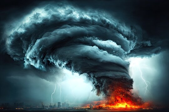 Imposing tornado looms over a city, illuminated by lightning
