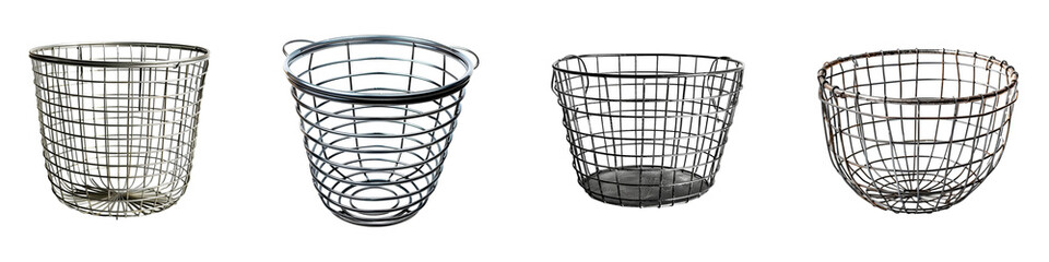 Views of a metal frame cylindrical object, with various designs