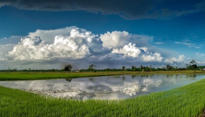 Summer countryside with wide rice fields and towering cumulonimbus clouds under a bright blue sky
