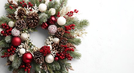 a christmas wreath adorned with red and white ornaments against a white backdrop. 