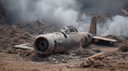 Abandoned Aircraft Wreckage Surrounded by Smoke and Rubble in a War-Torn Landscape Capturing the Harsh Reality of Conflict and Destruction