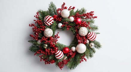 a christmas wreath adorned with red and white ornaments against a white backdrop. 