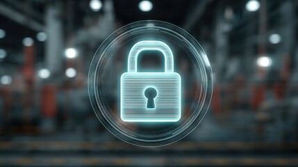 Digital padlock symbol representing cybersecurity and data protection against threats in a modern industrial environment with blurred background