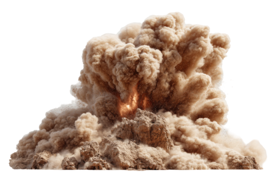 Massive explosion, brown dust cloud