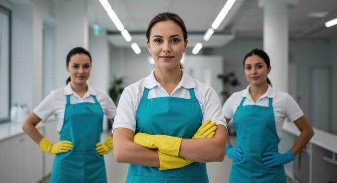 Three Women in Blue Aprons and Yellow Gloves Standing in a Bright Office Space Ready to Clean - Powered by Adobe