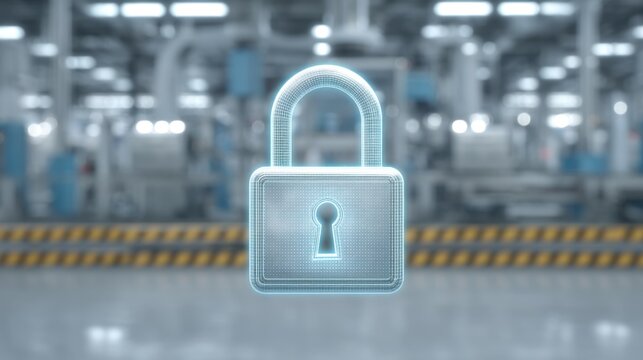 Digital representation of a secure padlock in an industrial setting representing safety and protection in a factory environment with blurred machinery background - Powered by Adobe