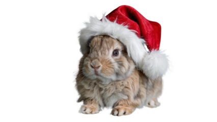 Adorable fluffy lop eared rabbit wearing a festive red santa hat with white trim isolated on transparent background for christmas