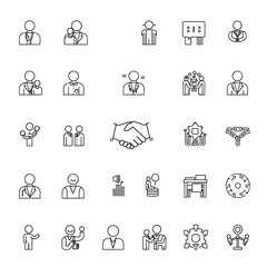 Collection of simple line art icons representing business people, teamwork, and collaboration.