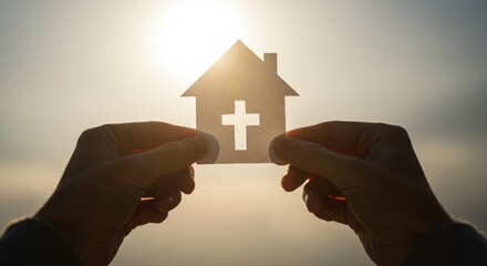 Two Hands Hold White House Shape With Christian Cross Symbol Against Bright Sunset Sky