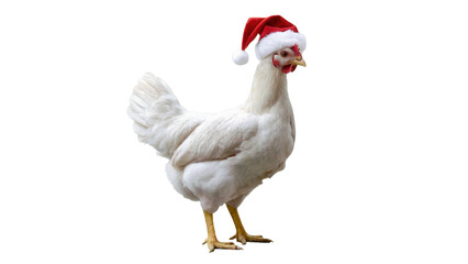 A white chicken wearing a festive red santa hat standing on a transparent background isolated on transparent background