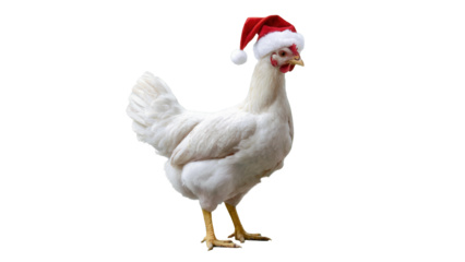 A white chicken wearing a festive red santa hat standing on a transparent background isolated on transparent background