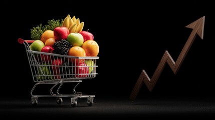 A shopping cart filled with vibrant fruits set against a dark background with a rising arrow symbolizing growth