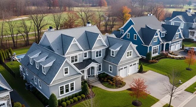 Elegant multistory houses with manicured lawns and autumn foliage, showcasing luxurious suburban living animated 4k video