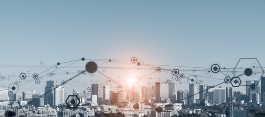 Concept image of modern city and communication network. Wide angle visual for banners or advertisements.